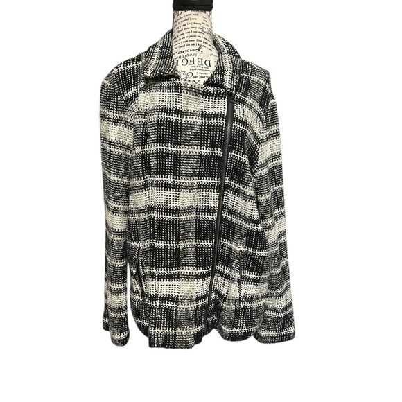 LUCKY BRAND Harper Sweater Jacket Tweed Black White Gray Plaid Moto Plus Sz 2X - Picture 1 of 9